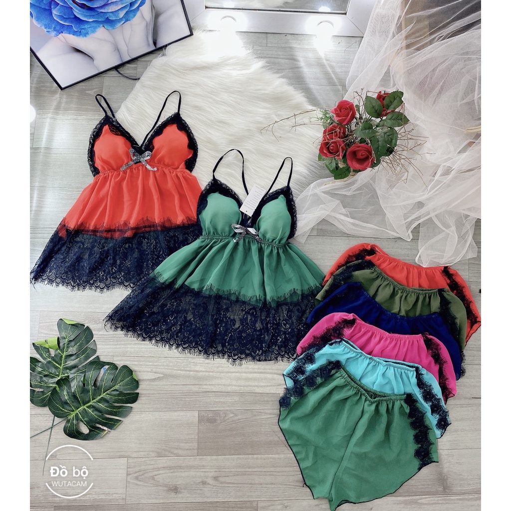 Đồ ngủ nữ hai dây, bộ ngủ sexy có mút ngực chất voan phối ren chéo lưng mặc ngủ- Phuongaliceshop