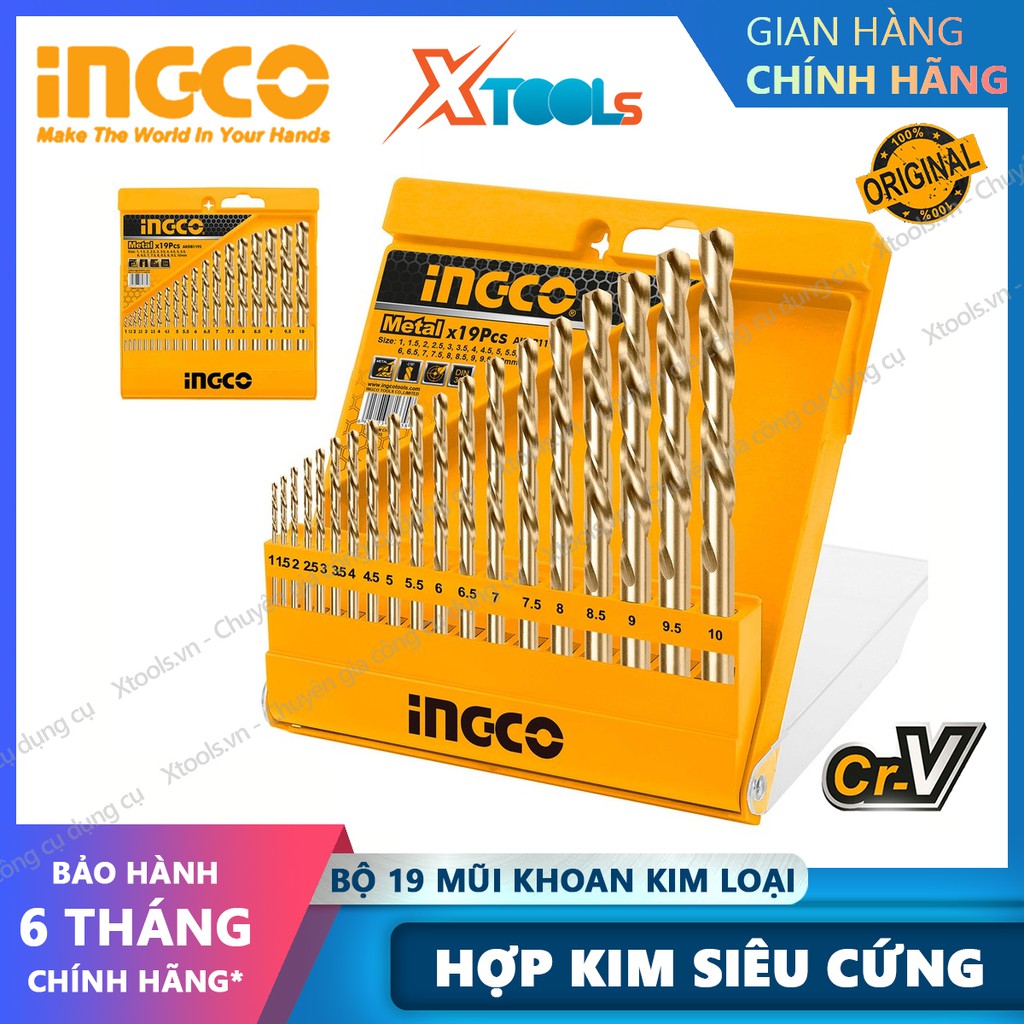Bộ mũi khoan kim loại HSS 19 chi tiết INGCO AKDB1195 1-10mm hợp kim siêu cứng, mũi khoan sắt, hợp kim tốc độ cao