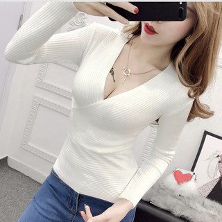 Áo len co giãn mỏng mỏng cổ chữ V gợi cảm dành cho nữ