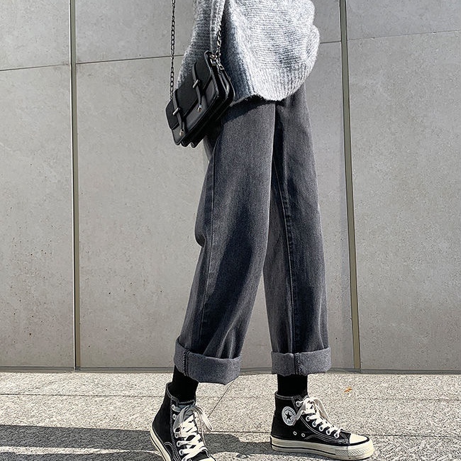 SUXI Quần Jean Dài Lưng Cao Ống Rộng Dáng Suông Kiểu Hàn Quốc Thời Trang Mùa Thu Cho Nữ