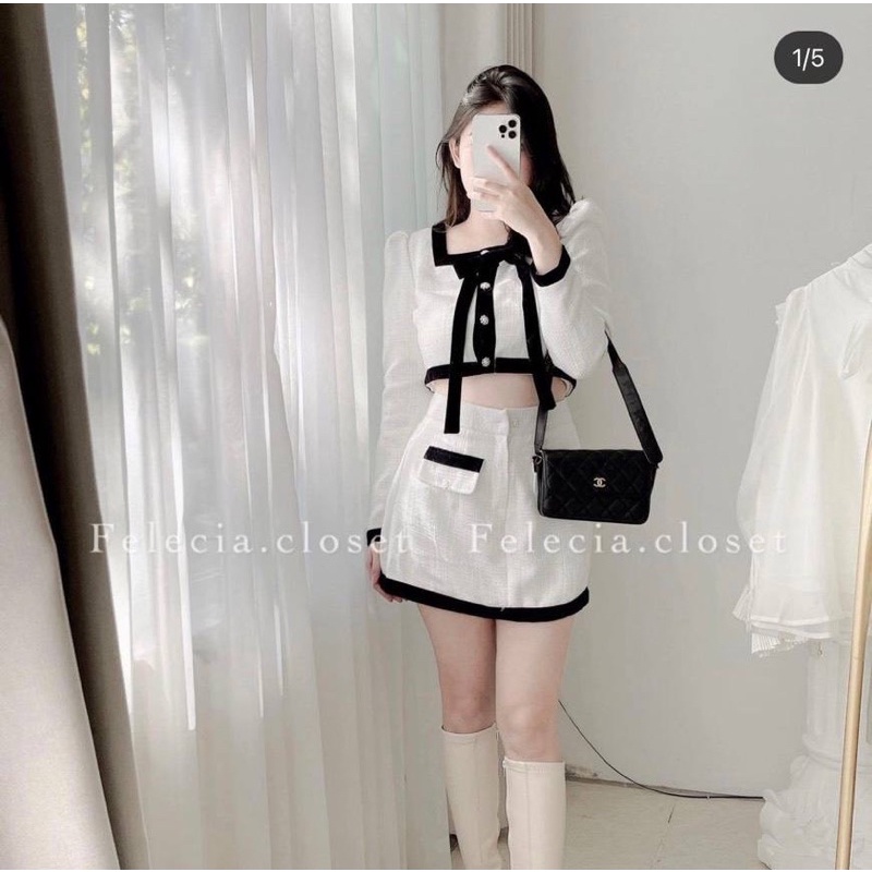 SET CROP BỐ DẠ VIỀN ĐEN THẮT NƠ + CHÂN VÁY
