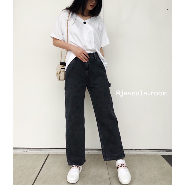 ⚡FREESHIP⚡ Quần Culottes Jeans JEANSLA Đen Dây cài hông Cạp cao form suông ống rộng mix đồ cá tính Thời thượng [#QJL26]