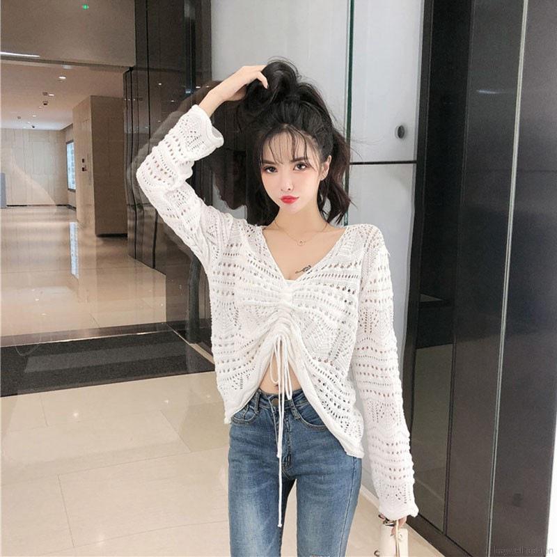 Áo lưới len tay dài cổ V thời trang mùa hè thoáng mát cho nữ | BigBuy360 - bigbuy360.vn