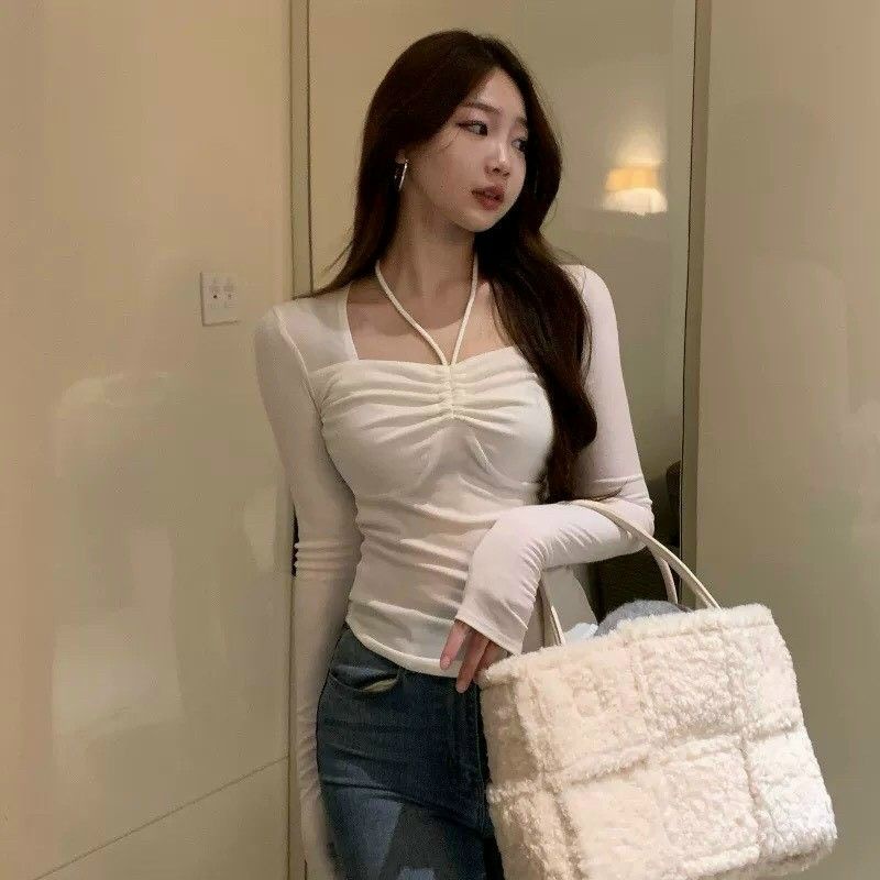 Áo thun nhíu ngực Tay dài phối dây đeo cổ dễ thương (A15)