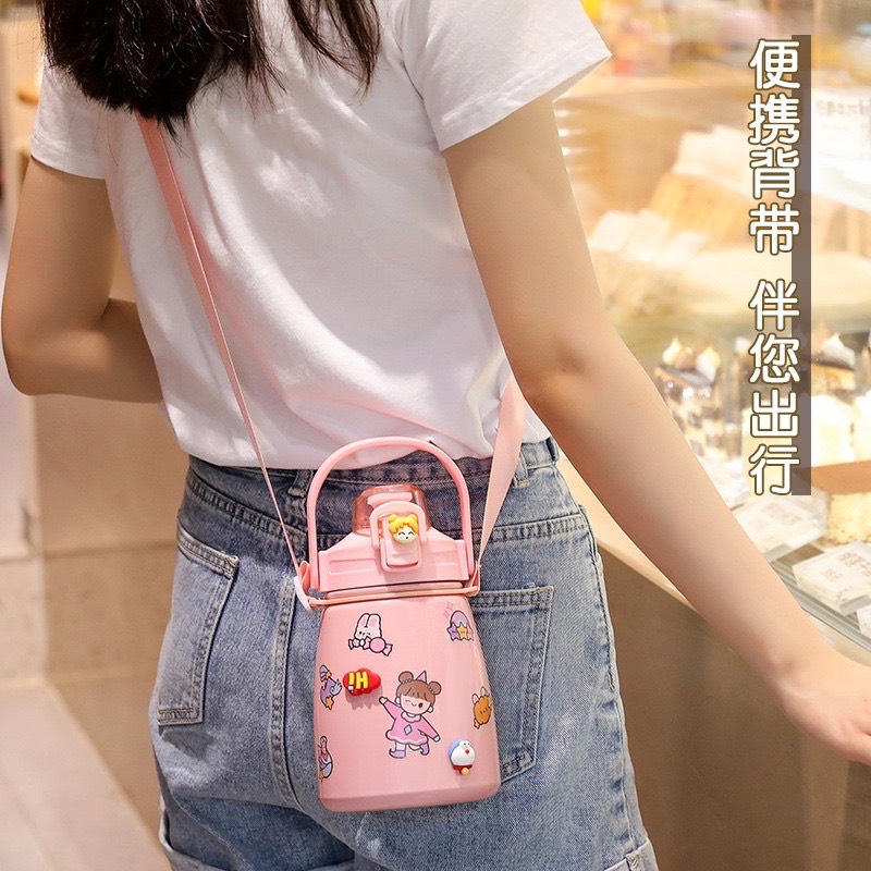 Bình nước giữ nhiệt SUS304 XINH XẮN CUTE có sticker và ống hút kiểu dáng dễ thương