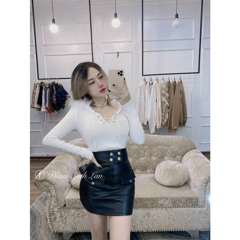 Chân váy da 4 cúc cạp cao Ms 8806