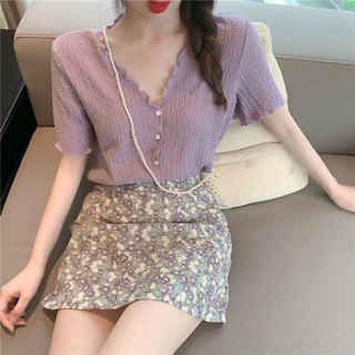 Two piece suit V-neck purple top women’s new summer pleated Western Style Lace short sleeved Chiffon Skirt