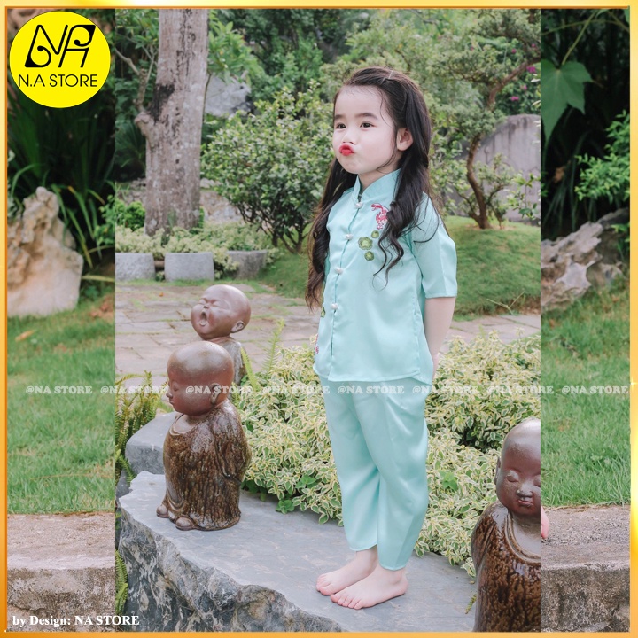 Đồ Lam Đi Chùa Bé Gái - Bộ Đi Lễ Chùa AL018 Trang Nhã Thêu Cá Ngọc Xinh Lung Linh Dành Cho Bé BÉ - AL018