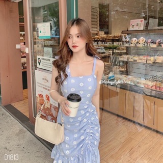 Đầm hoa cúc hai dây cột nơ rút đuôi cá (Ảnh thật)