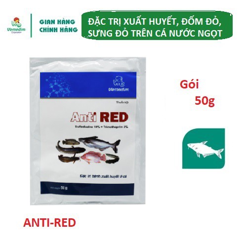 Vemedim Antired cá, dùng cho cá nuôi nước ngọt bị nhiễm khuẩn đốm đỏ, sưng đỏ, gói 50g