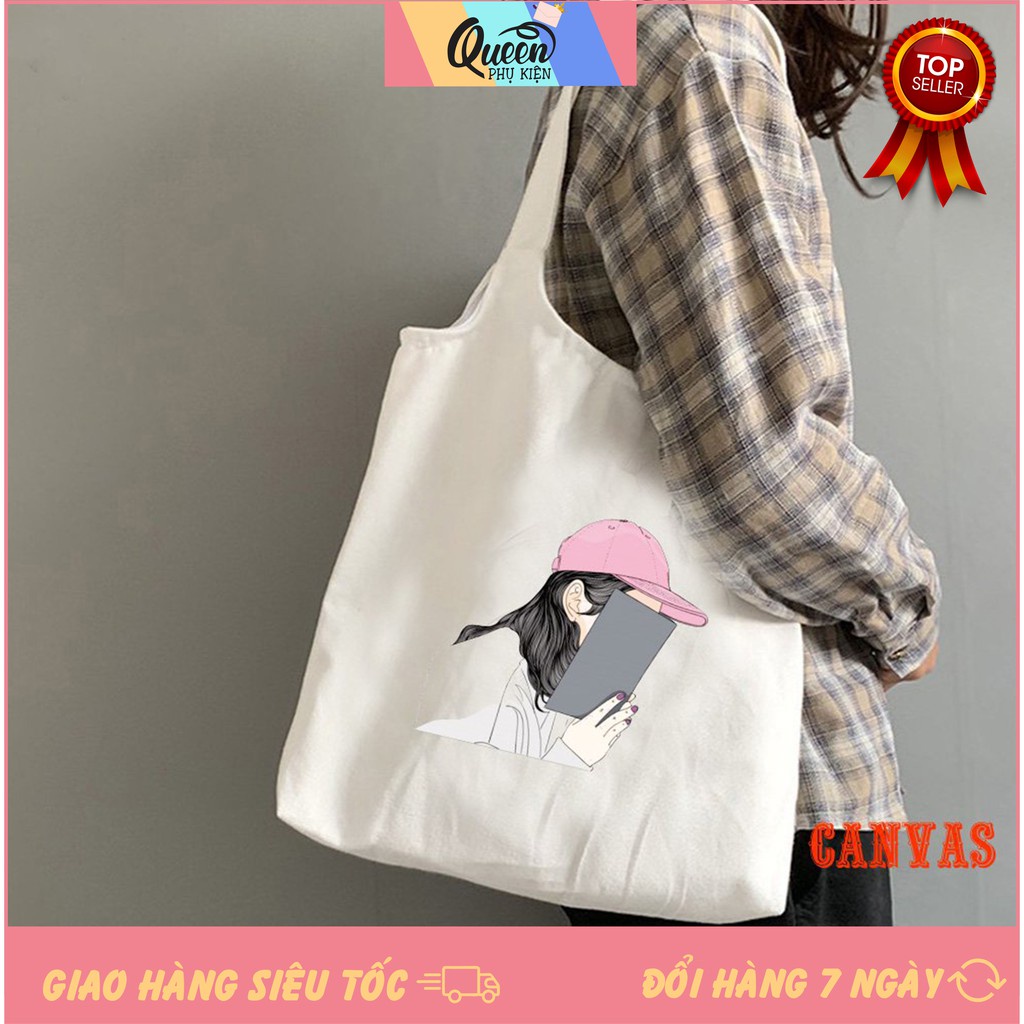 Túi Tote Trắng Vải Canvas Giá Rẻ Cô Gái Che Mặt 515 1030 Đeo Vai Đi Học Thời Trang Hàn Quốc Cực Đẹp