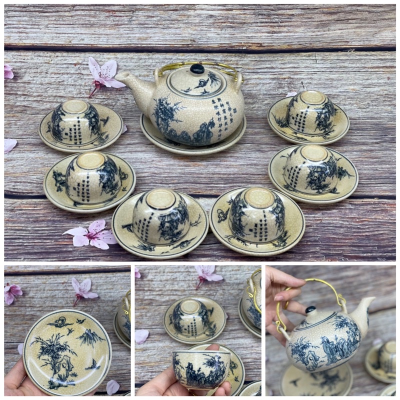 Ấm chén men rạn cổ Bát Tràng-bộ Trúc Lâm Thất Hiền, bộ Cổ Tự dưới gốc cây Tùng,bộ Nhị Cảnh Sơn Thuỷ quai đồng