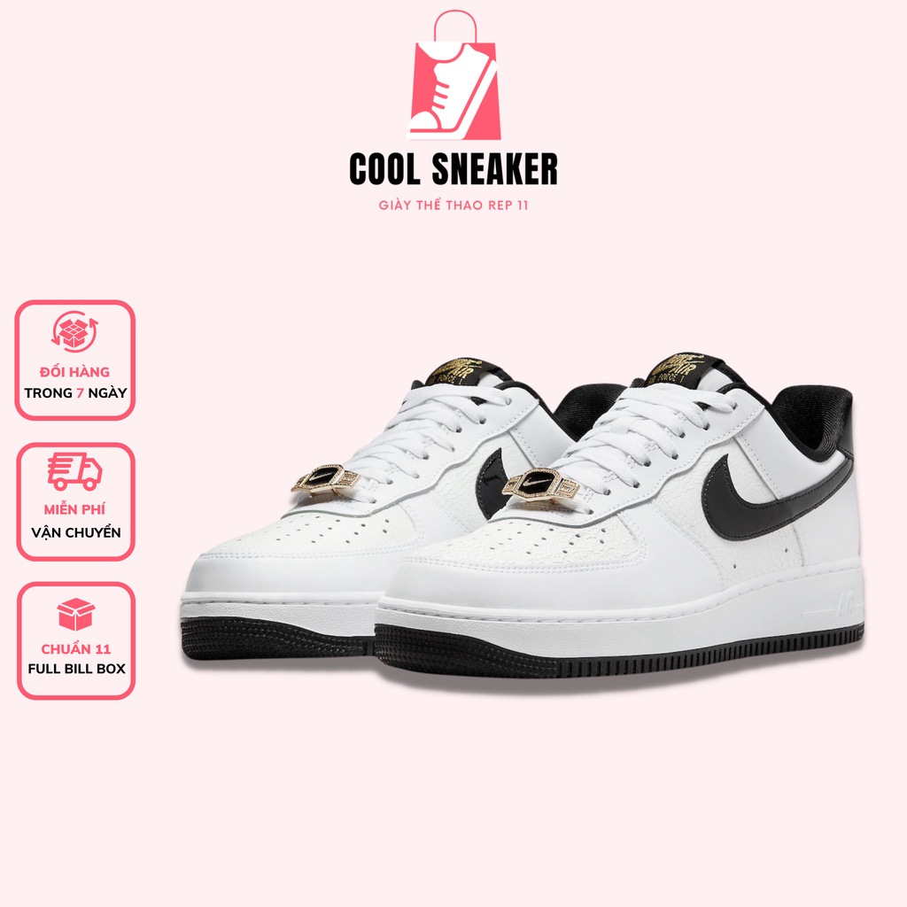 Giày Thể Thao Sneaker 𝗔𝗙𝟭 Trắng Vệt Đen Logo Vàng, Giày AF1 Vệt Đen Nam Nữ Full Size Full Box Bill