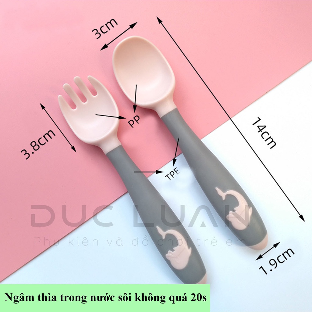Thìa dĩa cho bé tập ăn - Bộ thìa nĩa tay cầm uốn cong cho bé tập xúc ăn dặm