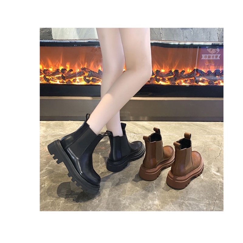 Boots nữ ulzzang cổ ngắn phối chun đế cao 5cm da trơn