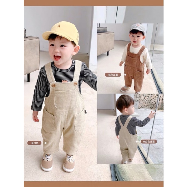 Set yếm nhung kem áo dài tay zip hàn cho bé trai gái size 8-18kg
