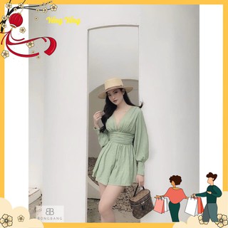 Vnu224 - váy jum xanh cổ v bo eo 2 lớp