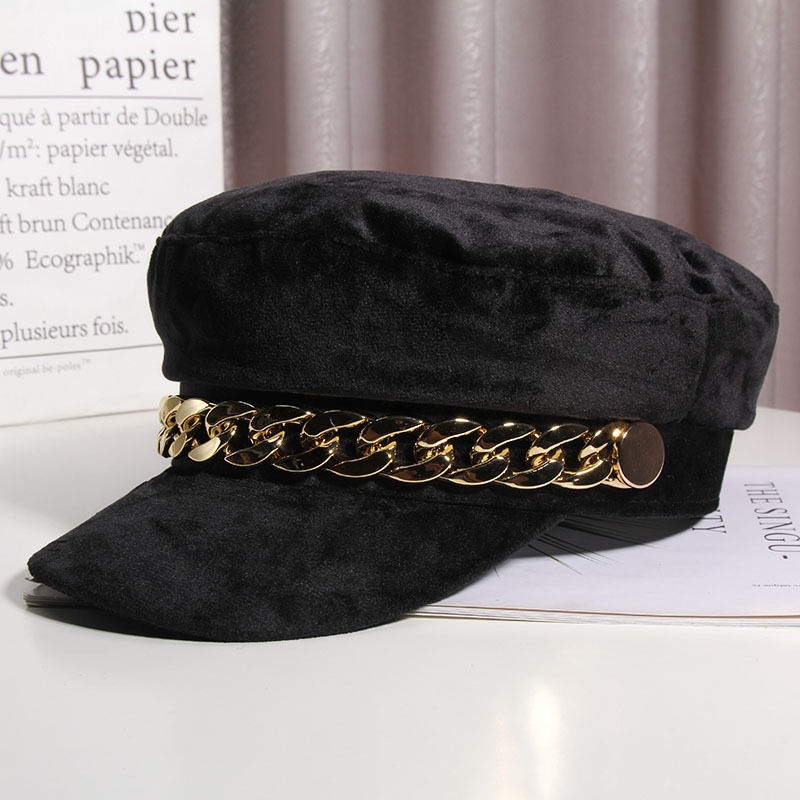 Mũ beret vải nhung màu đen phối dây xích thời trang thu đông dành cho nữ