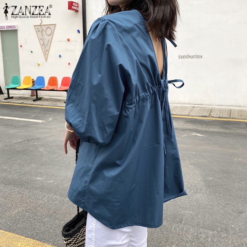 Áo kiểu ZANZEA tay phồng cổ tròn hở lưng phối dây rút thời trang dành cho nữ