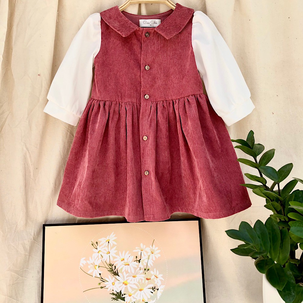 Váy Thu Đông Bé Gái⚜️5-14 tuổi⚜️ Đầm Trẻ Em Vải Nhung Tằm Hồng Đầm Em Bé Cao Cấp - Váy thiết kế cho bé