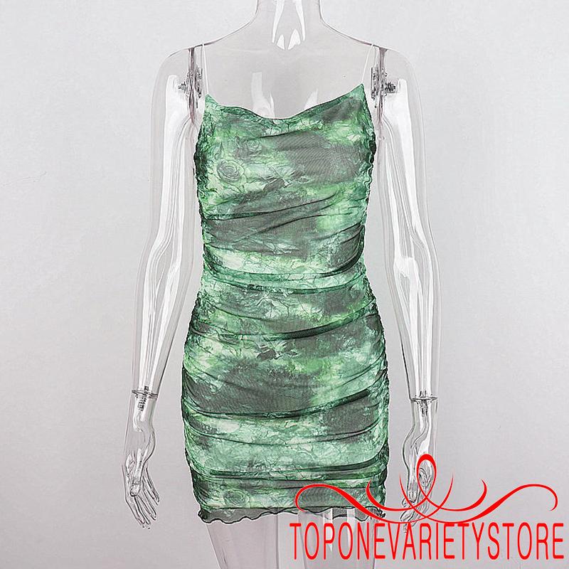 Topone-đầm Ngắn Không Tay Hở Lưng Họa Tiết Hoa Nhuộm Màu Thời Trang Mùa Hè Cho Nữ