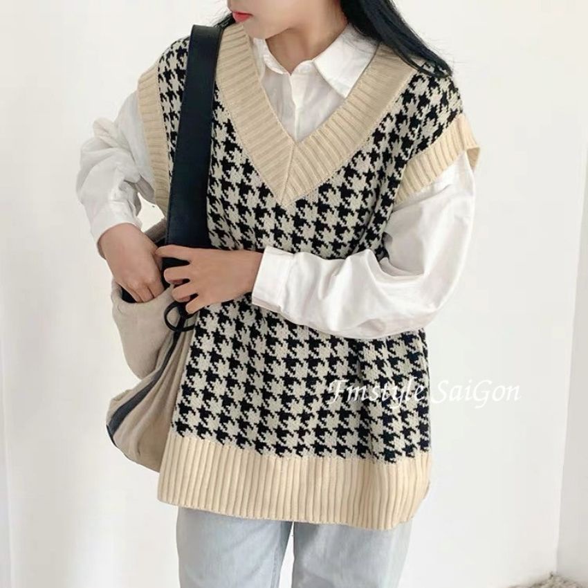Áo len gile nữ dáng rộng cardigan kẻ ô phong cách hàn quốc oversize ulzzang thu đông Fmstyle Saigon 21ALU10T140401 | BigBuy360 - bigbuy360.vn