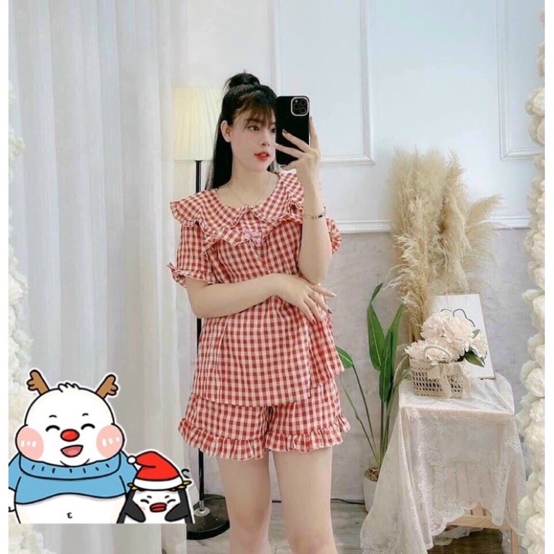 Bộ pijama mặc nhà dáng babydoll hoạ tiết kẻ ô, Đồ ngủ xinh sọc caro vải đũi lụa siêu mát