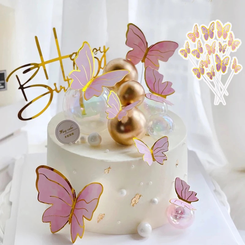 Set 10 Bươm Bướm Màu Vàng Hồng Trang Trí Bánh Kem