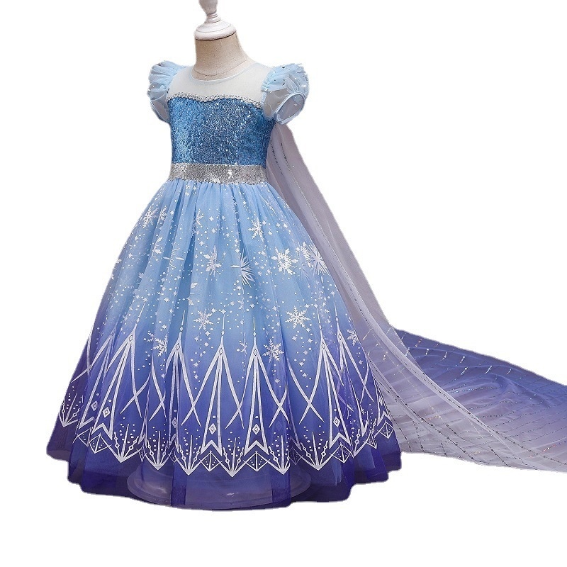Đầm Maxi Công Chúa Chất Liệu Chiffon Phối Lưới Đính Kim Sa In Hình Elsa 2 Cho Bé Gái