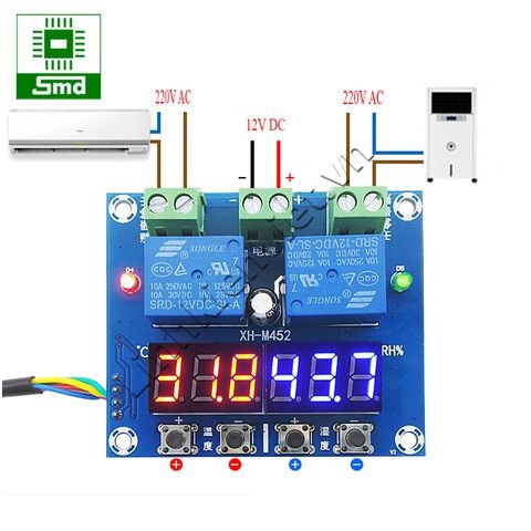 Mạch điều khiển nhiệt độ độ ẩm M452 Cảm biến DHT22 Điều khiển ấp trứng nhiệt ẩm kế led 12V relay 10A tủ sấy