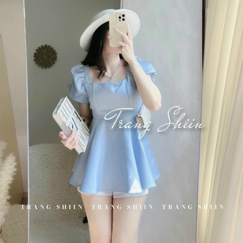 Set áo babydoll xanh dương tay phồng thắt dây nơ hở lưng + quần short trắng