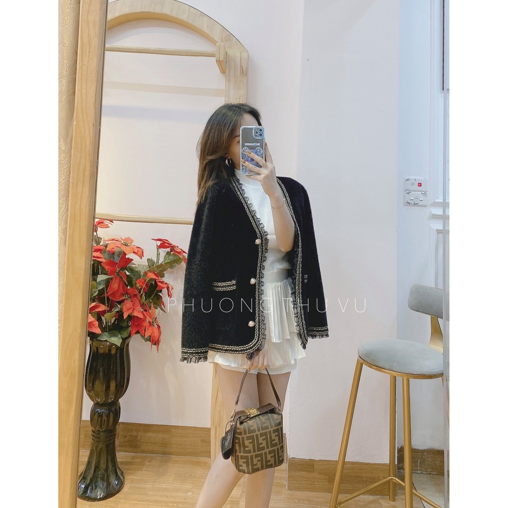 (HÀNG SẴN - ảnh thật) Áo khoác cardigan len lông mềm mịn cổ phối voan viền ánh nhũ lấp lánh Hàn Quốc cao cấp sang chảnh | BigBuy360 - bigbuy360.vn