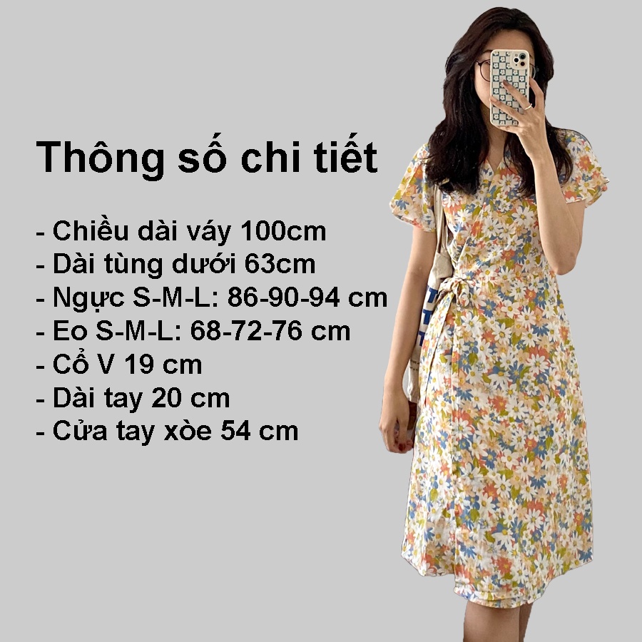 Váy hoa nhí vintage qua gối Gorogi, váy ôm body thiết kế cổ V, đầm dự tiệc ăn cưới đi biển đi chơi
