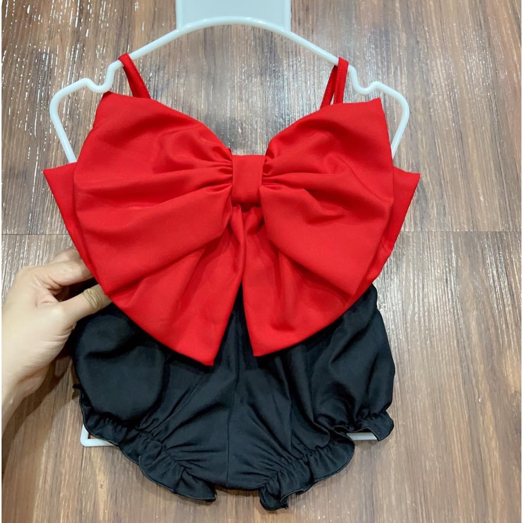 Set đồ bé gái,Bộ quần Áo Bé Gái 2 Nơ Đỏ kết hợp quần bí Chất liệu lụa , Hợp Thời trang 8-23kg Angel 