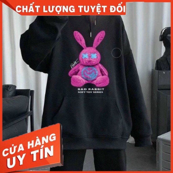 Áo nỉ hoodie gấu Rabbit in 5D unisex dài tay nam nữ cao cấp, áo phông nỉ bông sweater có mũ màu trắng, đen K082 - Hàng n
