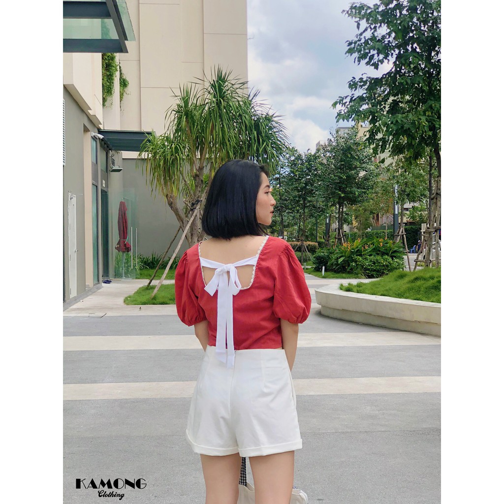 Áo croptop nơ lưng trắng phối ren KAMONG A075