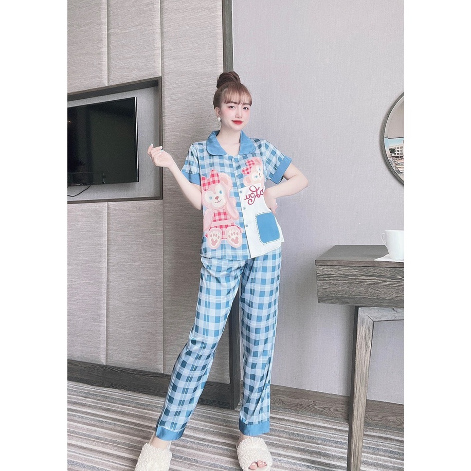 Pijama lụa họa tiết caro gấu, phối màu xinh xắn