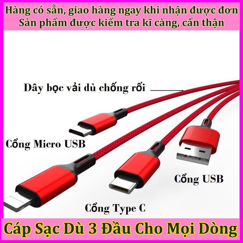 Cáp Sạc Dù 3 Đầu Đa Năng Type-C, Lightning,Mirco-US B Cho Điện Thoại Samsung Oppo Xiaomi Apple iPhone VSmart Huawei