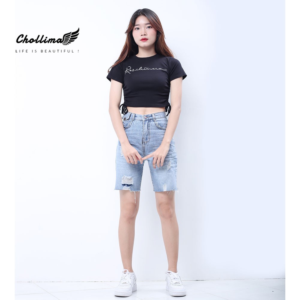 Quần ngố jeans nữ Chollima đắp túi nhỏ có nắp tua lai phong cách trẻ trung sành điệu QS023