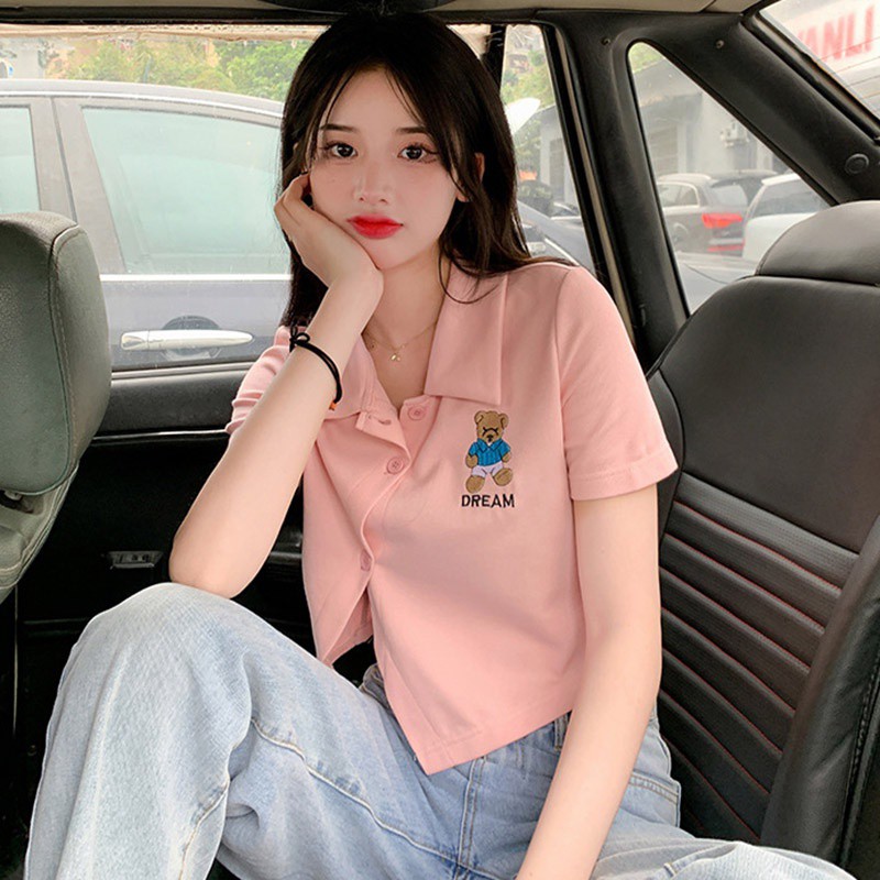 Áo croptop nữ polo đính cúc cách điệu vạt chéo cực xinh