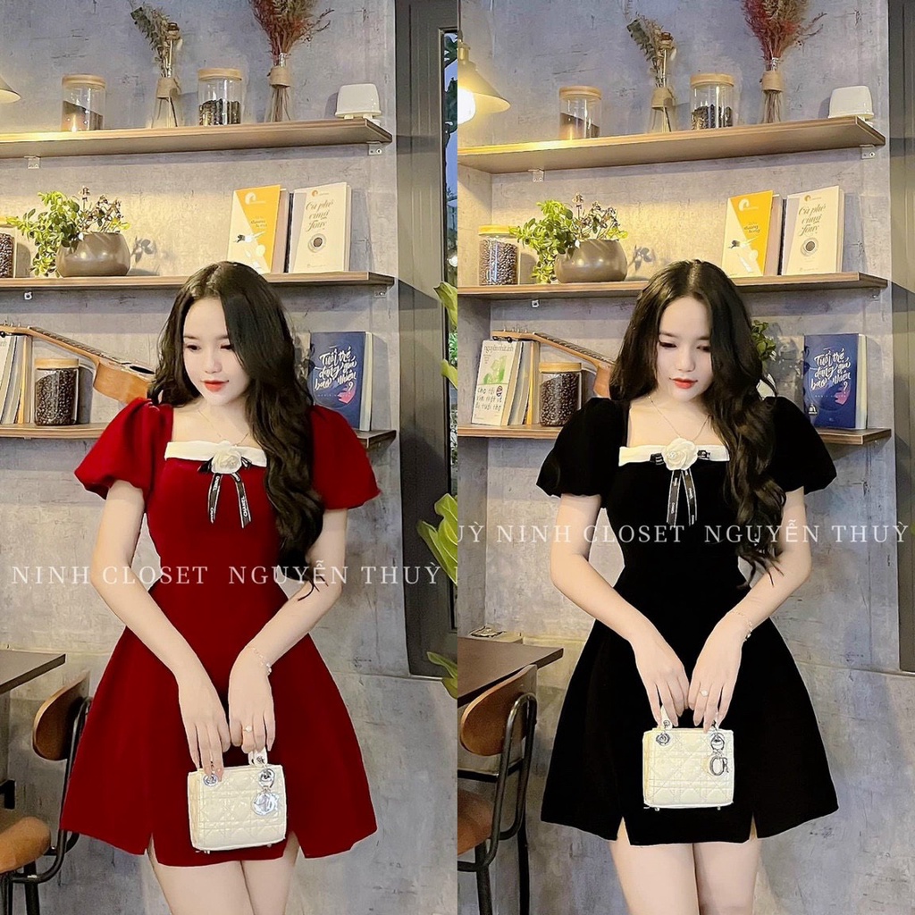 Đầm nữ thời trang mặc đi chơi chất cổ vuông phối hoa có mút tay ngắn váy chữ A xẻ nhẹ dễ thương