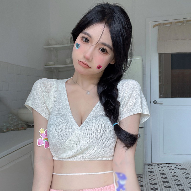 Áo Croptop Dệt Kim Tay Ngắn Cổ Chữ V Màu Sắc Trơn Cột Dây Phong Cách Hàn Quốc Thời Trang Cho Nữ