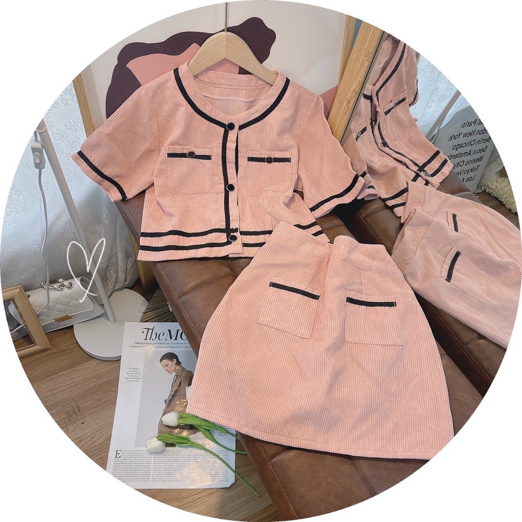 SET NHUNG GÂN ÁO HỒNG VIỀN ĐEN + CHÂN VÁY HỒNG LÓT QUẦN