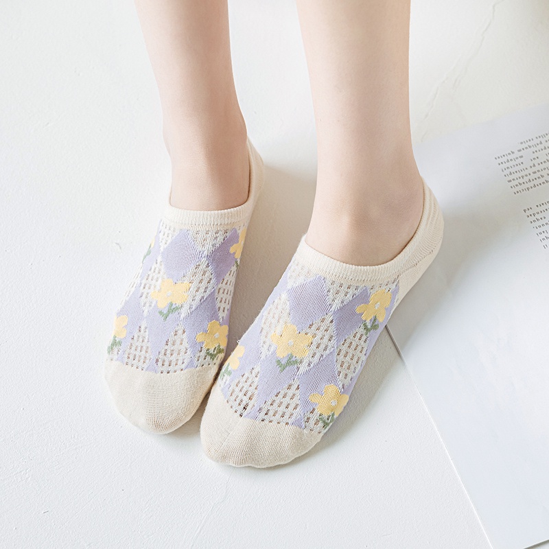 Summer Cool Mesh Invisible Socks Women Cute Flowers Pattern Non-Slip Cotton Low Cut Socks Elastic Breathable Funny Female Boat Socks