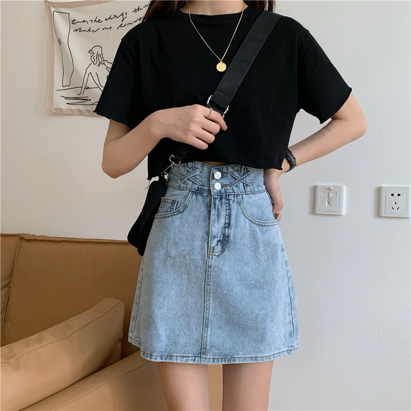 Chân Váy Xiaozhainv Denim Dáng Lưng Cao Kiểu Ulzzang Hàn Quốc