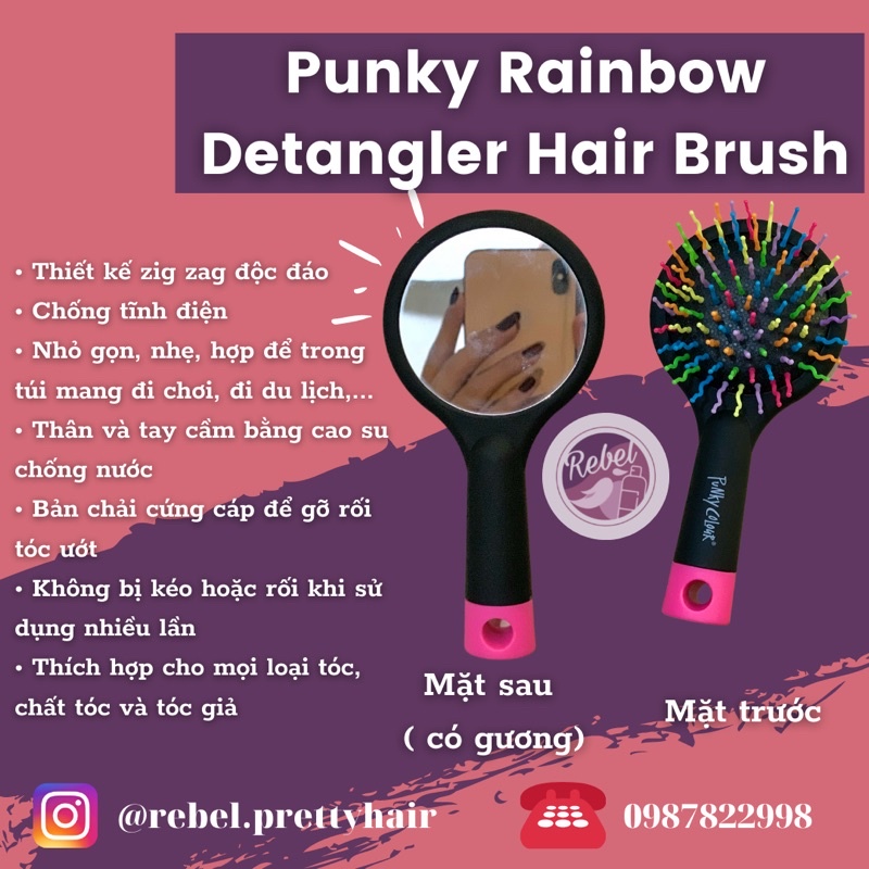 Punky Colour Rainbow Detangler Hair Brush - Lược chải tóc Salon chuyên nguyệp có gương