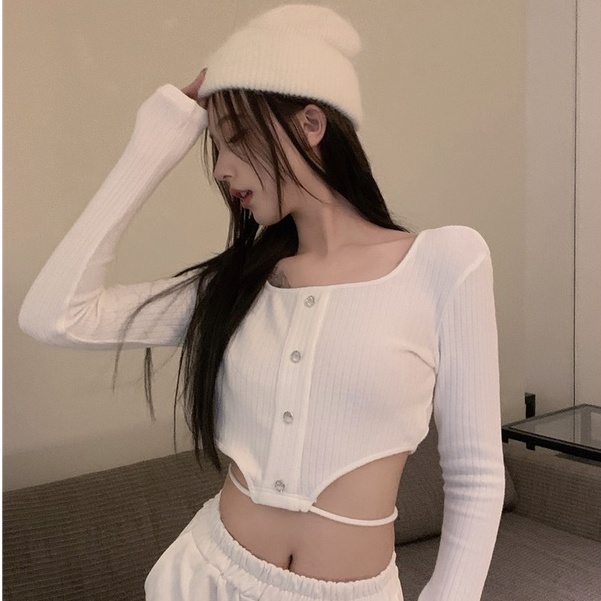 QADCOL Áo thun lửng tay dài màu sắc trẻ trung sành điệu cho phái nữ