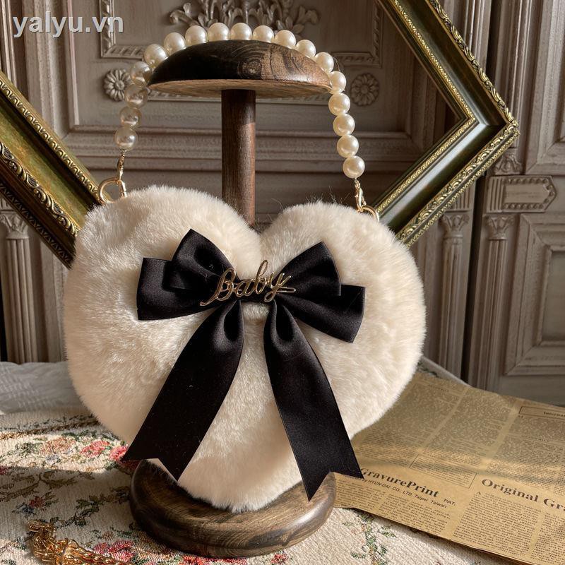 Túi xách lông nhung phối dây xích đính ngọc trai xinh xắn phong cách thời trang lolita