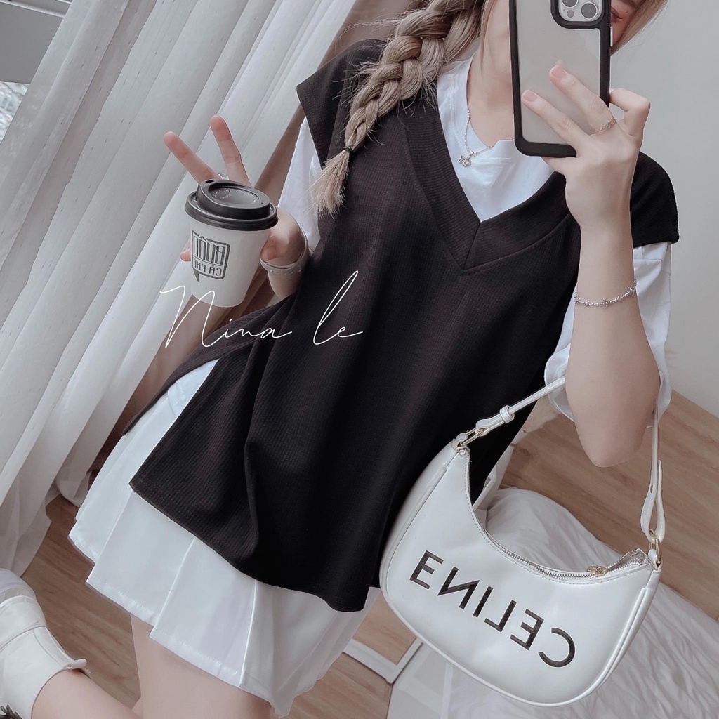 Set bộ đồ nữ 3 món áo thun phối áo khoác gile xẻ tà xinh xắn với 2 màu tôn da, tôn dáng dành cho các nàng yêu đi chơi