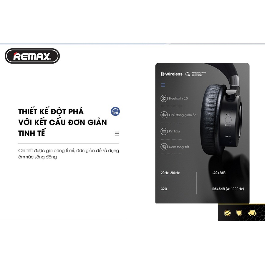 Tai nghe chụp tai Remax RB-650HB Bluetooth 5.0, âm thanh vòm sống động